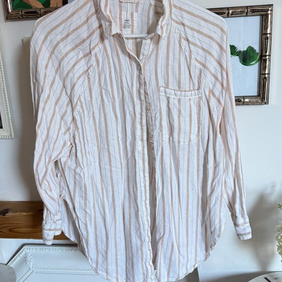 Linen Blend Oversized Button Down Shirt - Tan Vertical Stripes - Picture 9 of 11